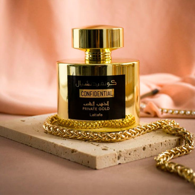 Lattafa Confidential Private Gold Eau de Parfum Unisexe – Parfum Oud Ambré 100ml - BONSOOQ