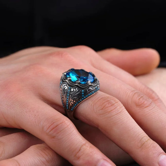 Bague Turque Rétro Homme Musulman – Métal Argenté Incrusté Élégant - BONSOOQ